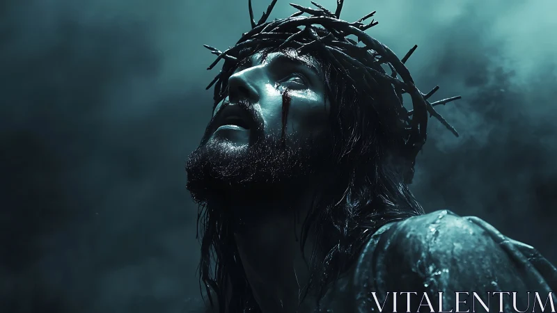 Crowned figure gazes upward through mist in solemn devotion.