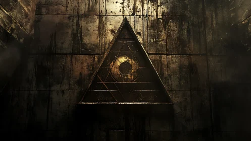 Weathered metallic triangle sigil on grunge stone wall.