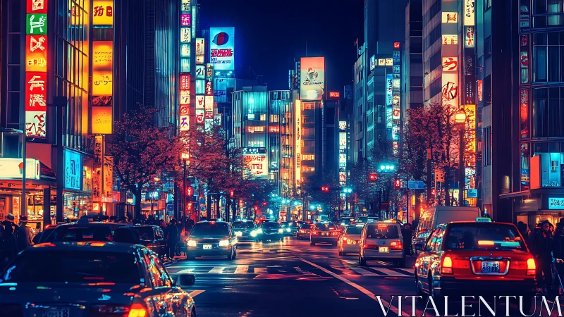 Neon lit Japanese city street pulses with vivid nightlife.