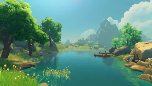 Idyllic River Valley Landscape with Mountain Peak.