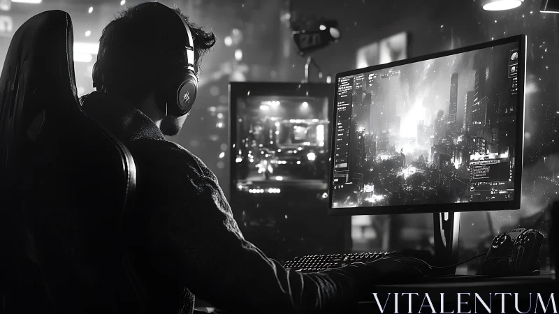 Late-night gamer lost in a glowing monochrome cityscape.