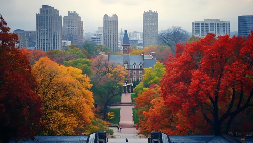 Urban campus path framed by dense autumn foliage colors.