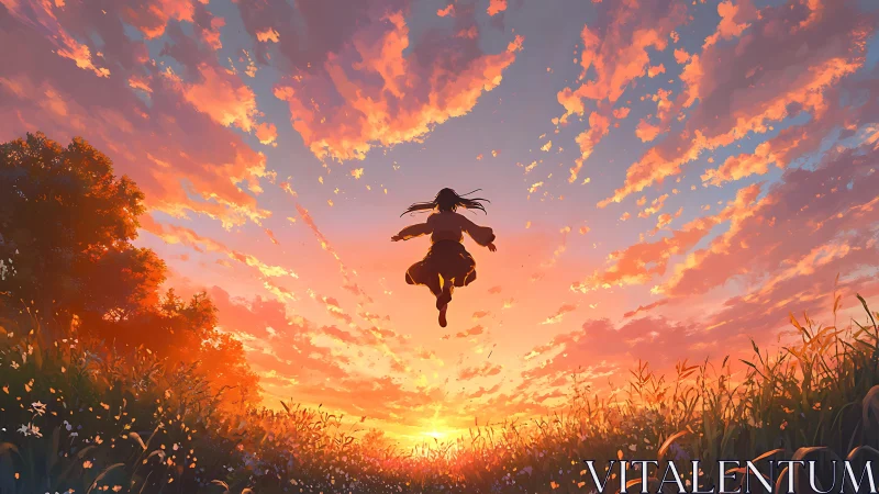 Sunset leap into glowing sky over wildflower field.