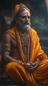 Serene orange-robed sage resting in quiet, thoughtful grace.