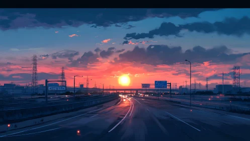 Neon dusk highway under vivid industrial sunset sky.