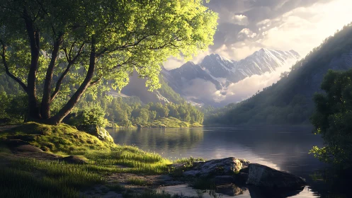 Sunlit alpine lake under dramatic snowcapped peaks.