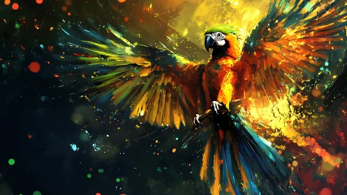 Colorful parrot extends wings amid abstract splatter lighting