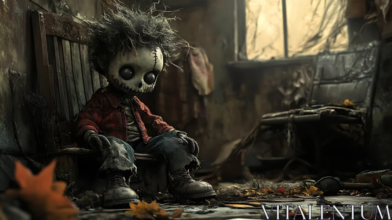 Creepy stitched doll slumped in decayed autumn room.