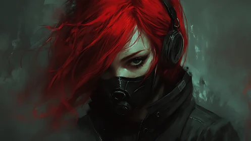 Red haired figure with respirator mask and headphones portrait.