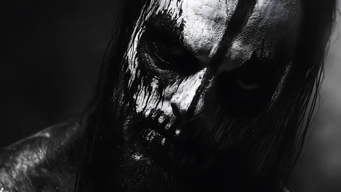 Monochrome portrait with streaked skeletal face paint.