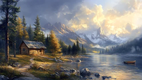 Lakeside cabin dreams beneath storm-kissed alpine peaks.