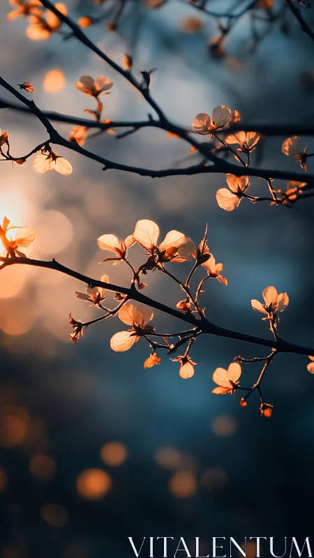 Delicate blossoms glowing in warm golden light against blue.