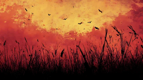 Silhouetted grasses and birds against intense red sunset sky.