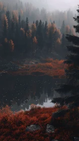 Dense autumn conifer forest reflects in still mountain lake under fog