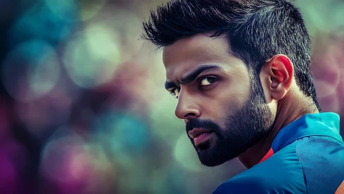 Focused male portrait glows against vibrant bokeh lights