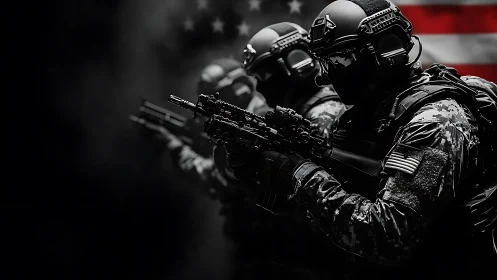 Tactical assault team in low‑key lighting before US flag backdrop.
