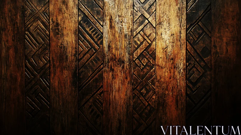 Weathered carved wood planks catch warm directional light