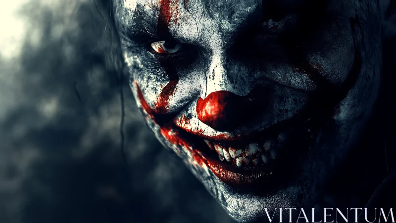Sinister clown portrait bathed in cold, cinematic shadows.
