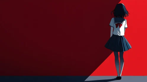 Quiet girl in shadow against bold red afternoon wall.