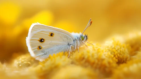 Macro study of white butterfly resting on dense yellow floral field
