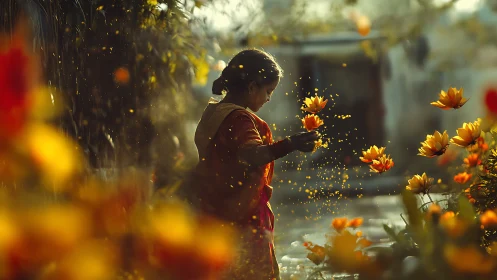 Girl in golden backlight holding marigold blossoms outdoors.