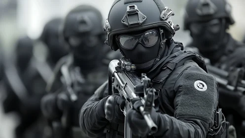 Armed tactical unit in black uniforms advancing forward.