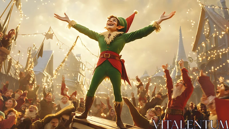 Festive elf leader celebrates amid glowing winter village.