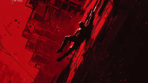 Solitary human figure on angular red digital structures.