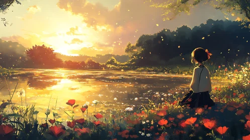 Sunset daydreamer beside a lantern-bright river of gold.