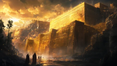 Monumental golden citadel under volumetric dusk illumination.