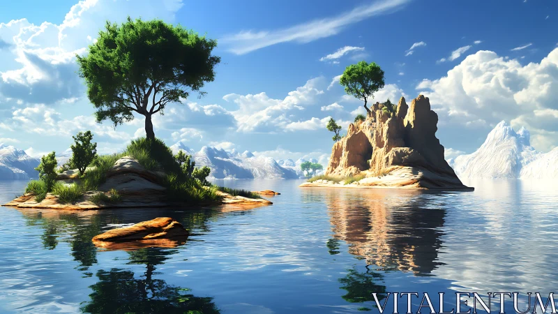 Serene Island Sanctuary Beneath Alpine Mountains and Blue Sky