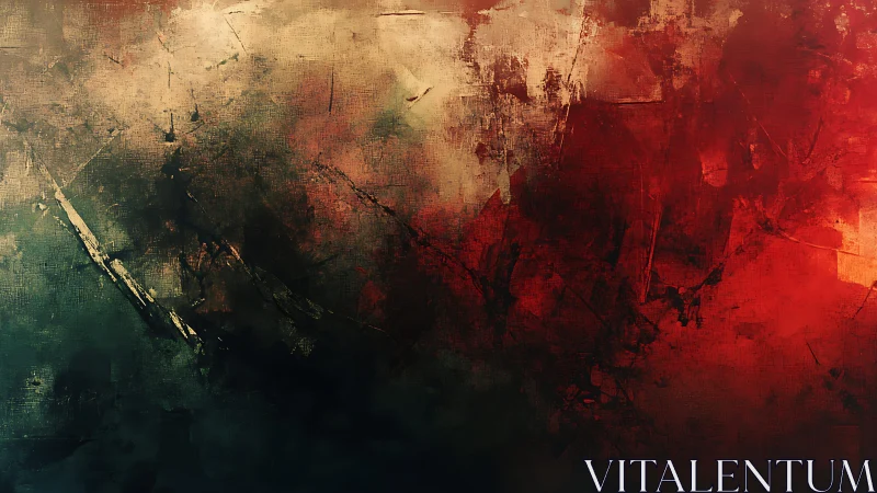 Abstract textured painting with red, beige, and dark green tones.