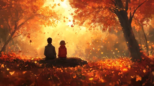 Two figures seated under dense autumn foliage in sunlight.