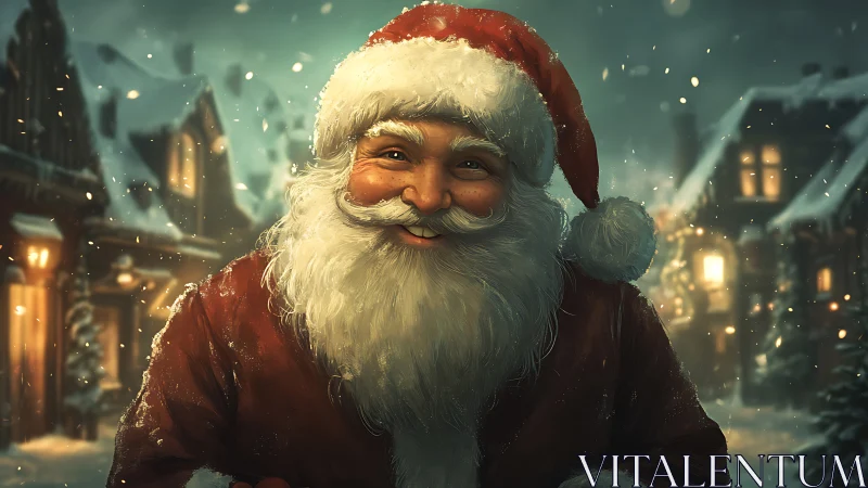 Smiling Santa stands in snowy village street at night