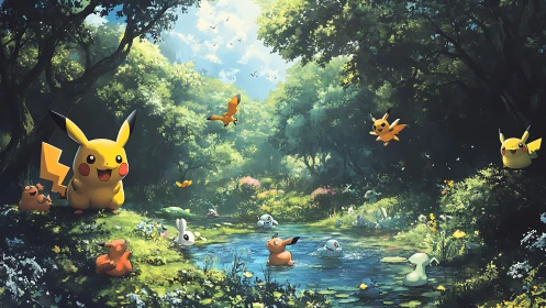 Pokemon characters in forest clearing around small pond.