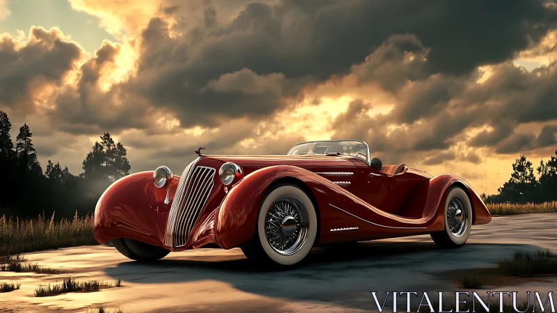 Streamlined crimson roadster under turbulent sunset sky.