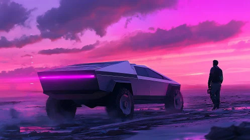 Futuristic truck and lone traveler under neon pink sunset.