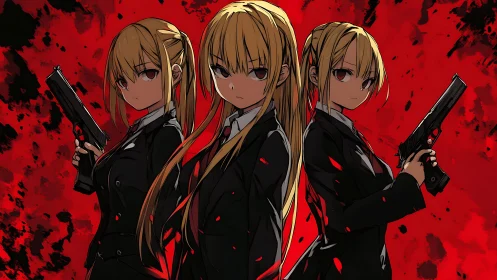 Calm anime trio in sharp suits against bold red backdrop.