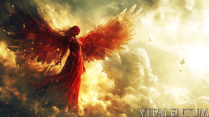 Winged red figure in luminous cloud environment at altitude.