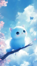 Fluffy blue kitten watches butterfly above dreamy clouds