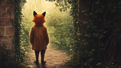 Anthropomorphic fox figure stands in overgrown garden path