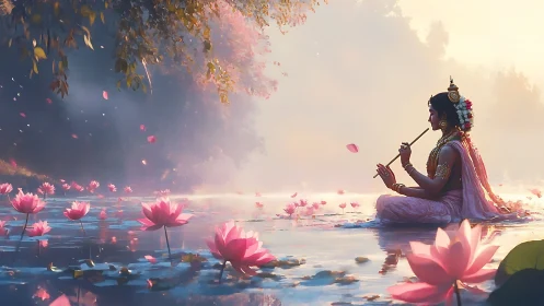 Divine musician meditates on a lotus lake at pastel sunrise