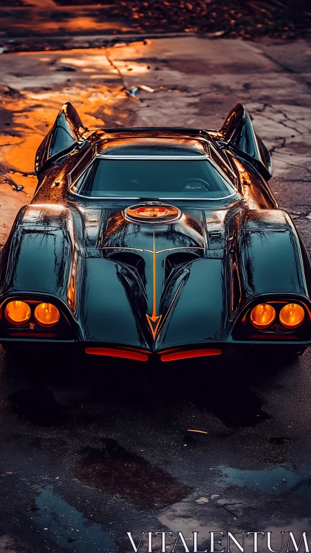 Retro-futuristic black bat car on wet urban pavement at dusk.