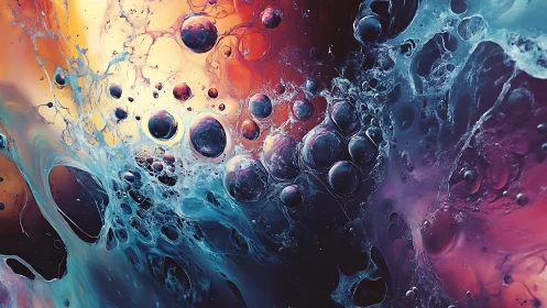 Swirling cosmic bubbles dance through glowing liquid color