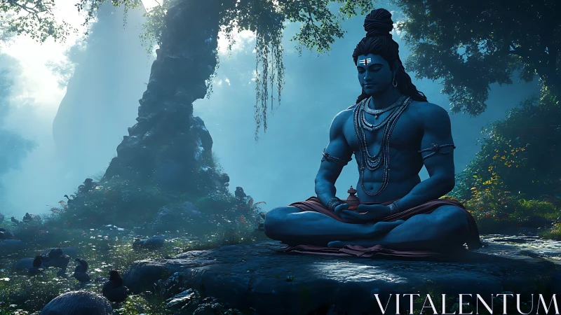Divine blue yogi meditates in mist-lit forest sanctuary.