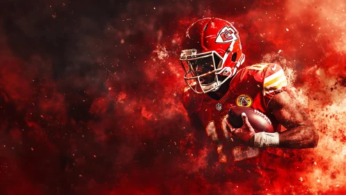 Explosive football runner surges through fiery red stadium haze