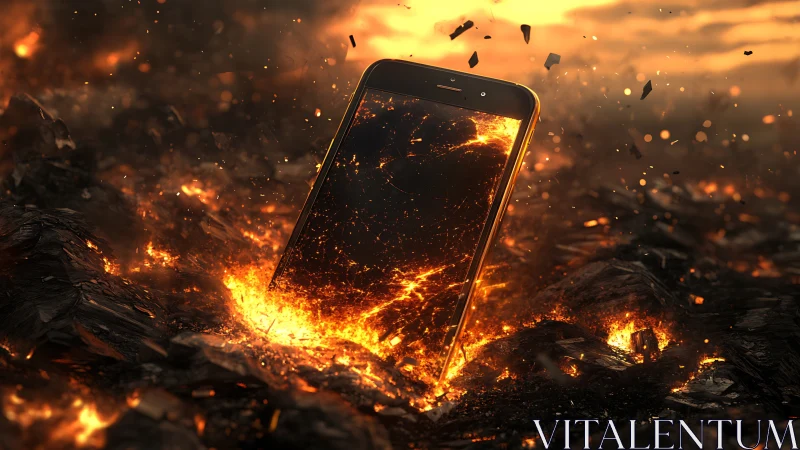 Blazing smartphone rises boldly from molten fiery ground