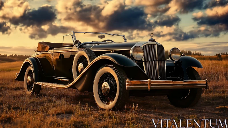 Sunlit vintage roadster captured in cinematic low-angle profile