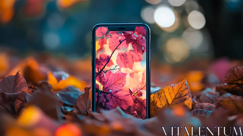 Smartphone standing among autumn leaves with screen reflection.
