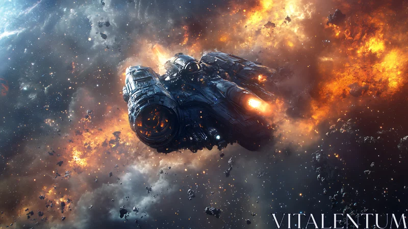 Starbound cruiser gliding through a burning asteroid field.